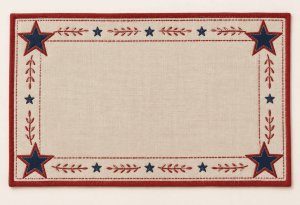Porch Star Placemat in flax, navy and brick red — design visualization