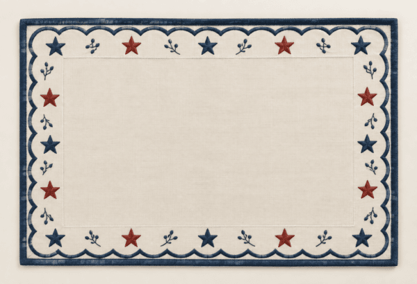 Indigo Scallop Placemat in ivory and indigo with muted red — design visualization