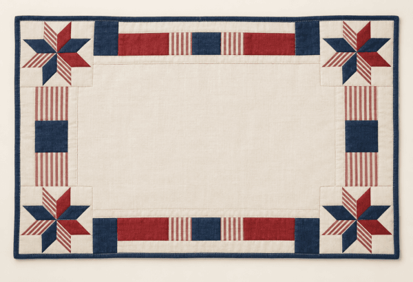 Patchwork Star Placemat in ivory, navy and muted red — design visualization