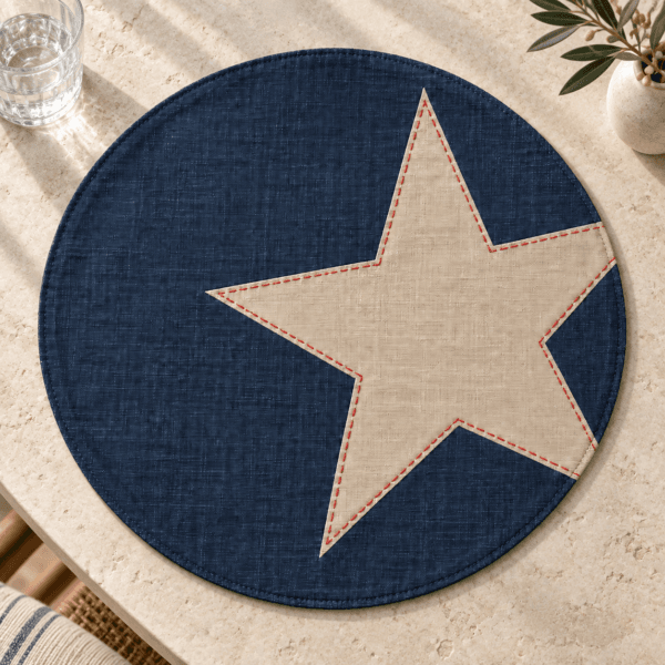 Single Summer Star — Placemats in navy, natural flax, red stitch accent in a styled setting — design visualization