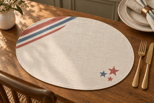 Picnic Corners — Placemats in faded red, blue, ivory in a styled setting — design visualization