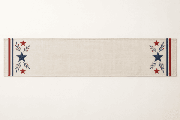 Heritage Stars Table Runner in ivory, muted navy and brick red — design visualization