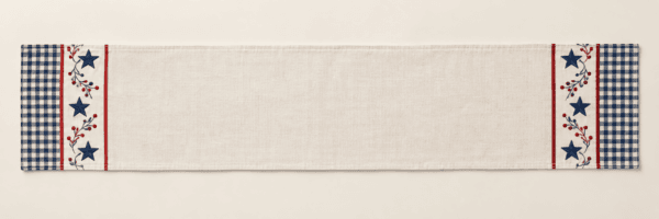 Summer Gingham Table Runner in ivory and navy with red accents — design visualization