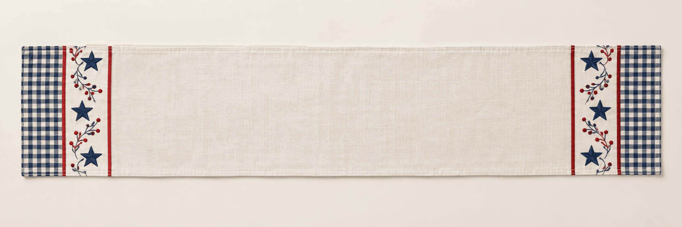 Summer Gingham Table Runner in ivory and navy with red accents — design visualization