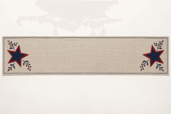 Porch Star Table Runner in flax, navy and brick red — design visualization