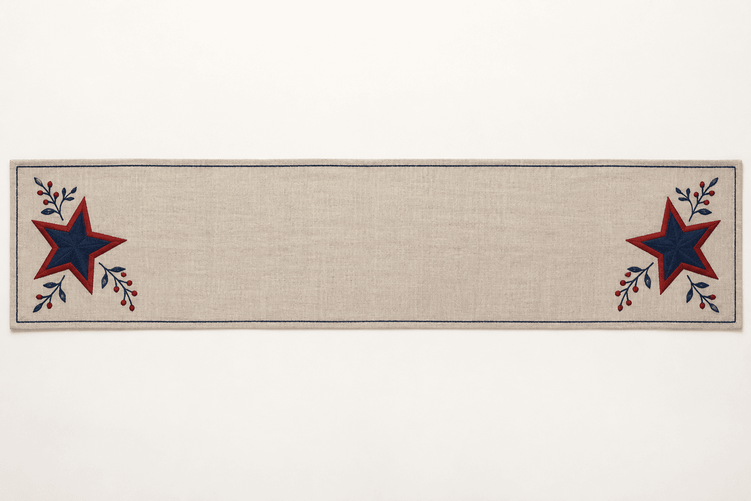 Porch Star Table Runner in flax, navy and brick red — design visualization