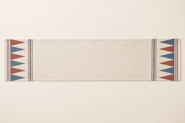 Vintage Pennant Table Runner in cream, dusty blue and brick — design visualization