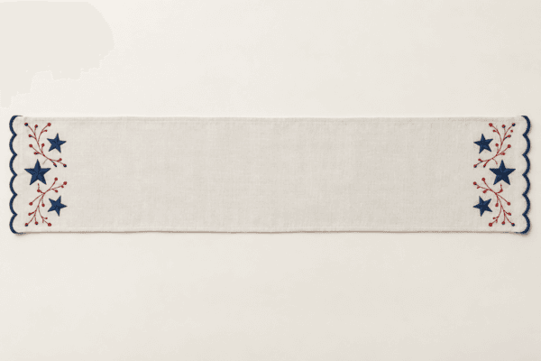 Indigo Scallop Table Runner in ivory and indigo with muted red — design visualization