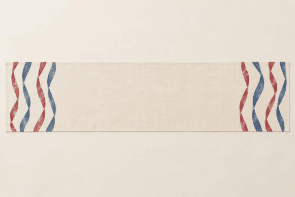 Summer Ribbon Stripe Table Runner in cream, faded red and blue — design visualization