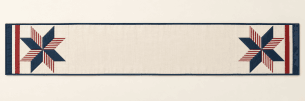 Patchwork Star Table Runner in ivory, navy and muted red — design visualization