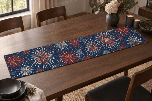 Firework Field — Table Runners in navy, brick red, cream in a styled setting — design visualization