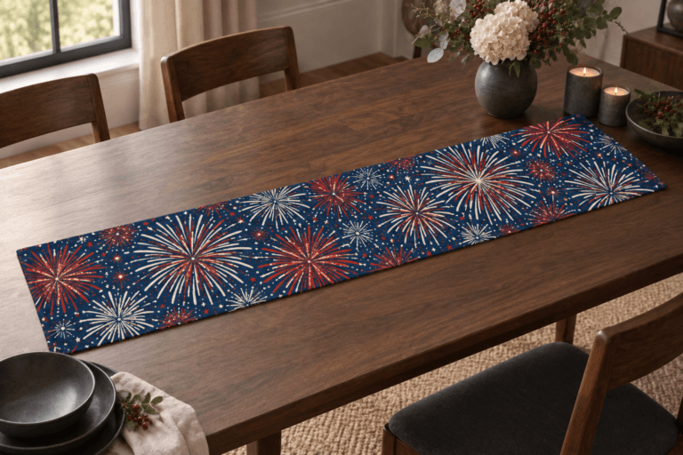 Firework Field — Table Runners in navy, brick red, cream in a styled setting — design visualization