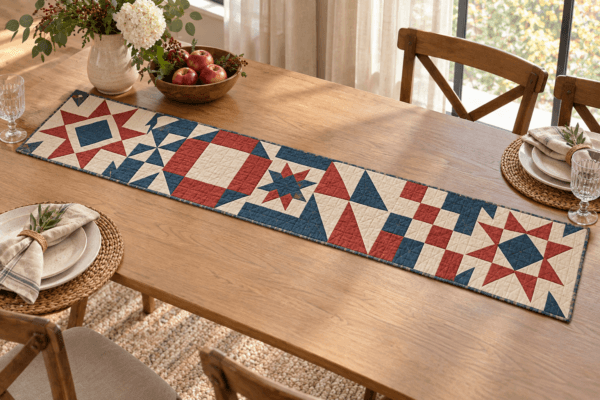 Summer Quilt Rhythm — Table Runners in faded red, indigo, parchment in a styled setting — design visualization