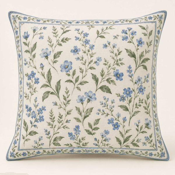 Blue Garden Decorative Pillow Cover in ivory, cornflower blue and sage — design visualization