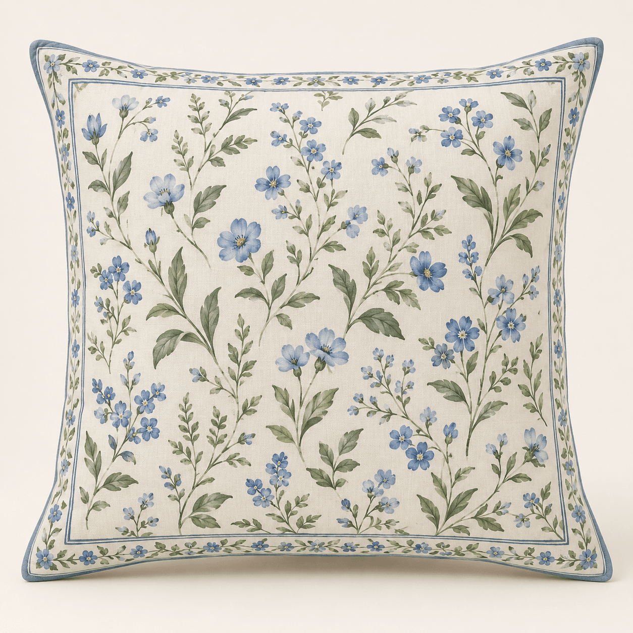 Blue Garden Decorative Pillow Cover in ivory, cornflower blue and sage — design visualization