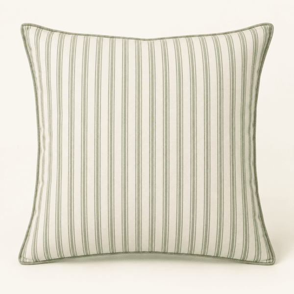 Sage Ticking Decorative Pillow Cover in warm white and sage — design visualization
