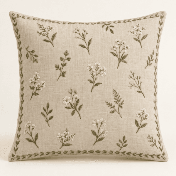 Meadow Sprig Decorative Pillow Cover in flax, olive and cream — design visualization