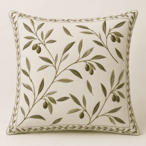 Olive Branch Decorative Pillow Cover in ivory and olive — design visualization