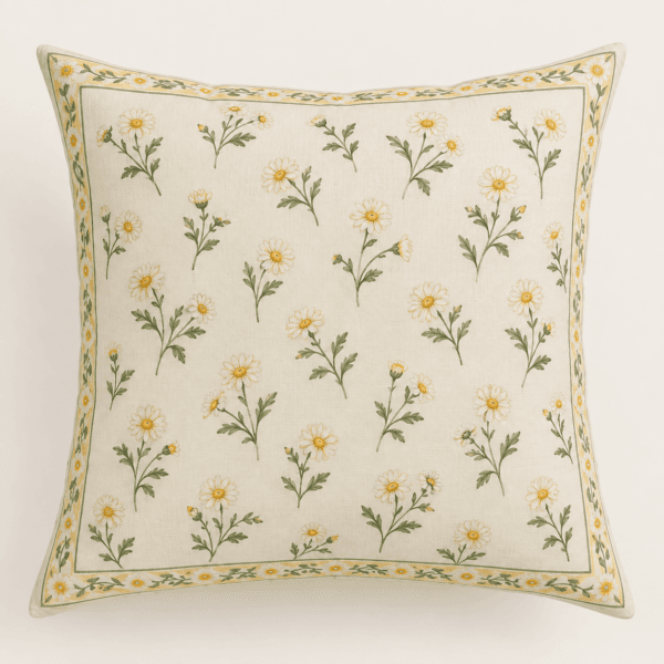 Daisy Morning Decorative Pillow Cover in ivory, butter yellow and green — design visualization