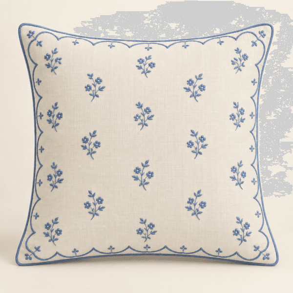 Cornflower Scallop Decorative Pillow Cover in cream and blue — design visualization