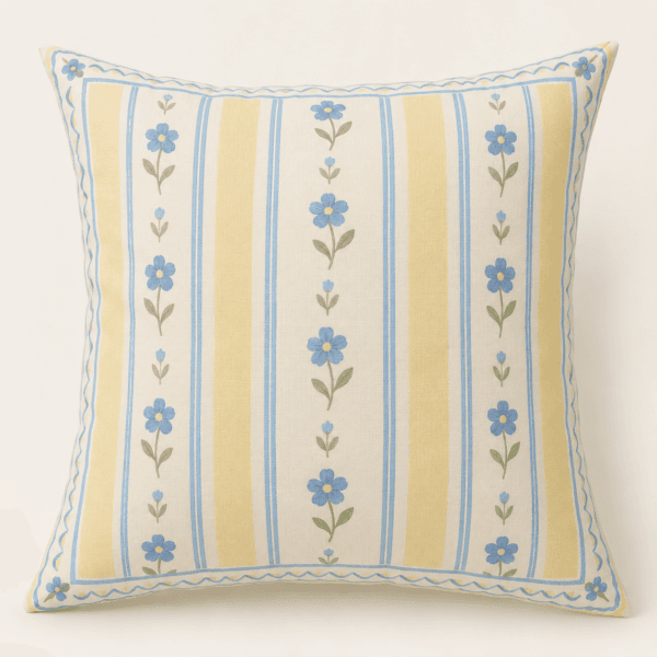 Butter & Blue Decorative Pillow Cover in butter yellow, cornflower blue and ivory — design visualization