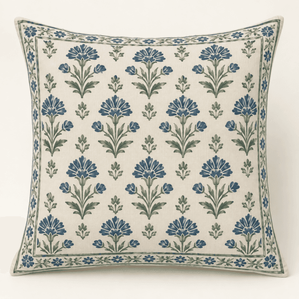 Garden Blockprint Decorative Pillow Cover in ivory, indigo and sage — design visualization