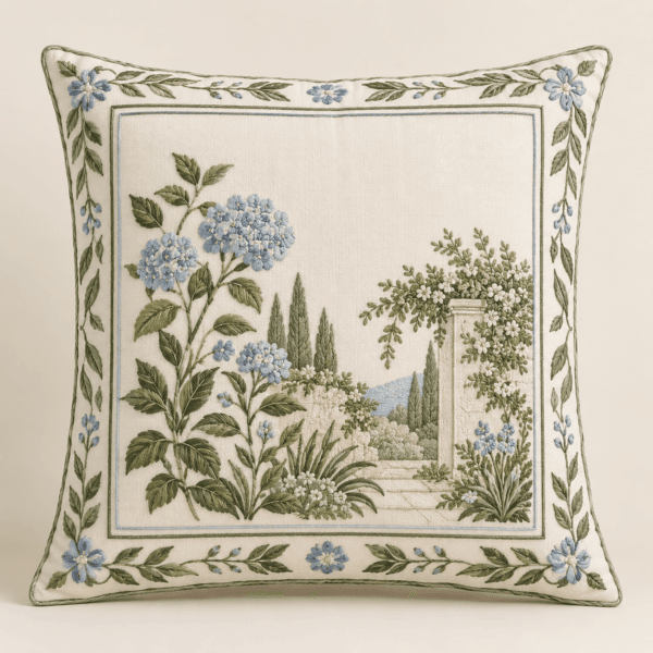 Botanical Window Decorative Pillow Cover in ivory, green and soft blue — design visualization