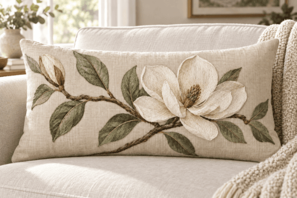 Magnolia Gesture — Decorative Pillows in cream, sage, bark brown, natural linen in a styled setting — design visualization