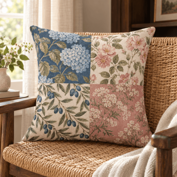 Garden Mosaic — Decorative Pillows in blue, rose, olive, warm ivory in a styled setting — design visualization