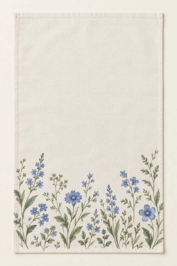 Blue Garden Kitchen Towel in ivory, cornflower blue and sage — design visualization