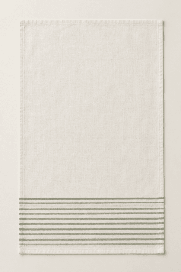 Sage Ticking Kitchen Towel in warm white and sage — design visualization