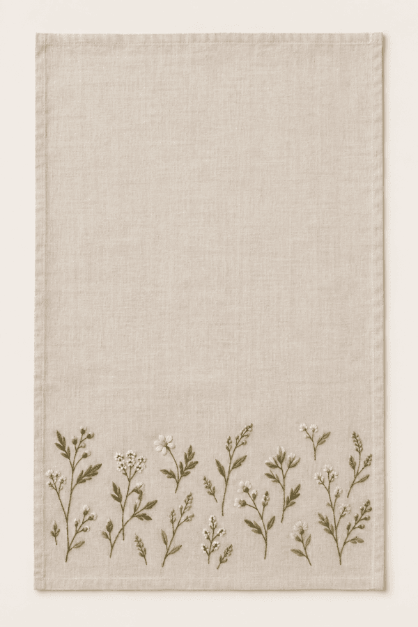 Meadow Sprig Kitchen Towel in flax, olive and cream — design visualization
