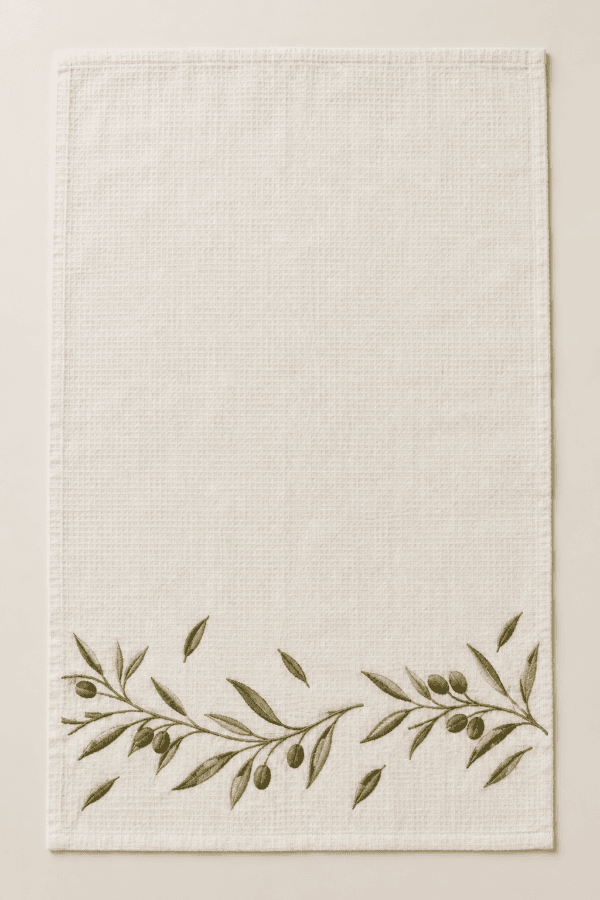 Olive Branch Kitchen Towel in ivory and olive — design visualization