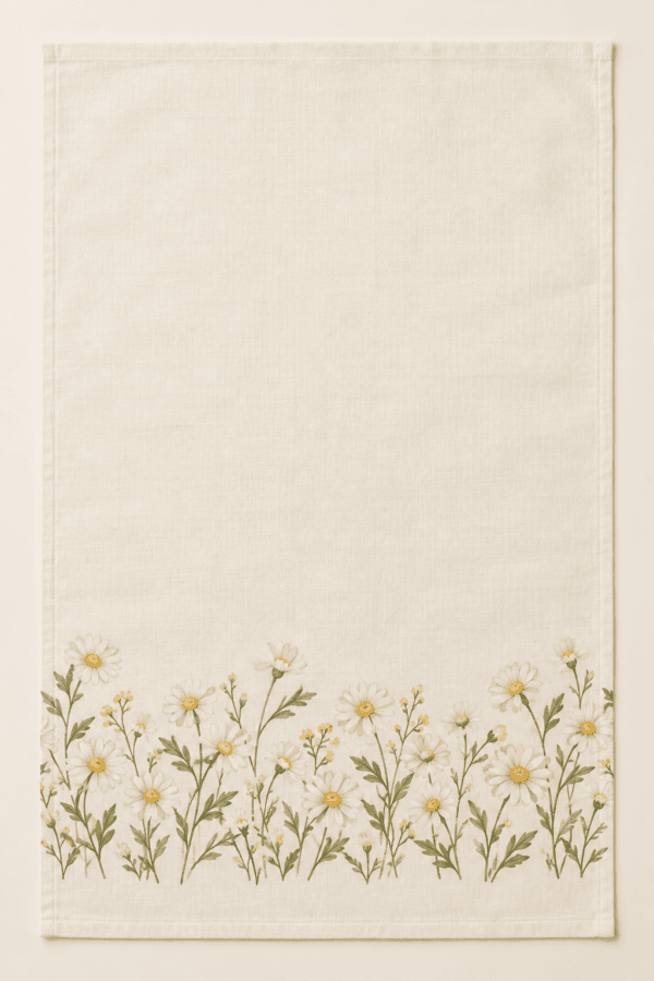 Daisy Morning Kitchen Towel in ivory, butter yellow and green — design visualization