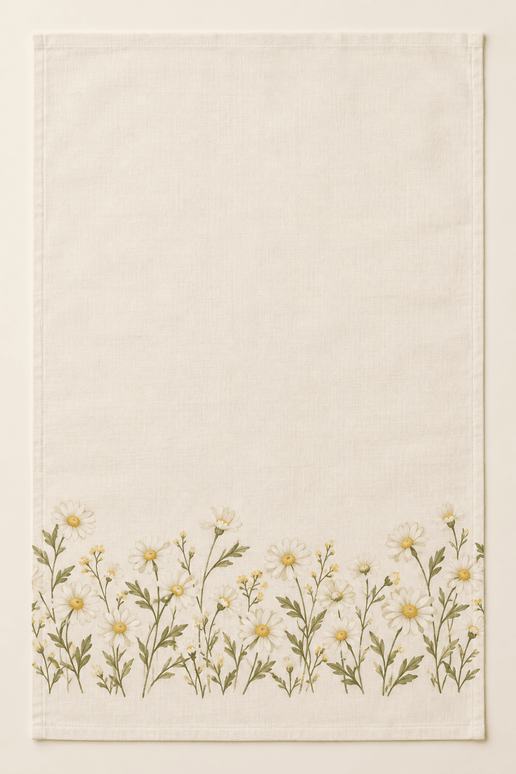 Daisy Morning Kitchen Towel in ivory, butter yellow and green — design visualization