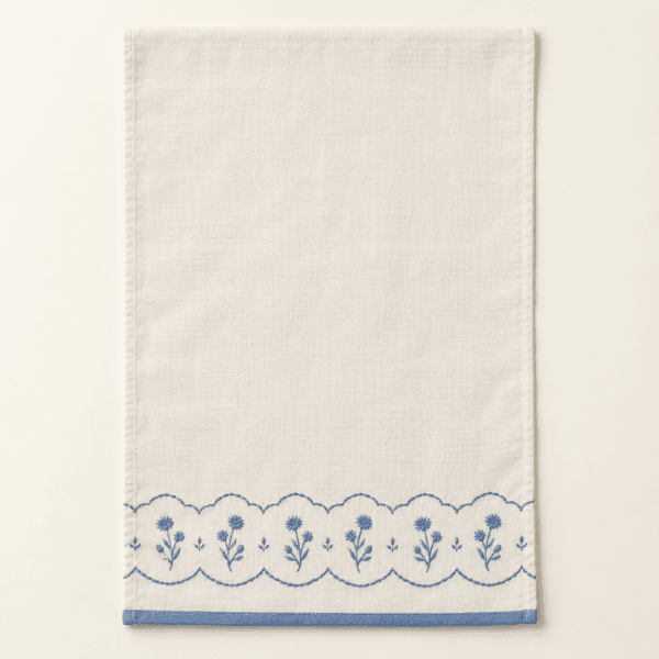 Cornflower Scallop Kitchen Towel in cream and blue — design visualization