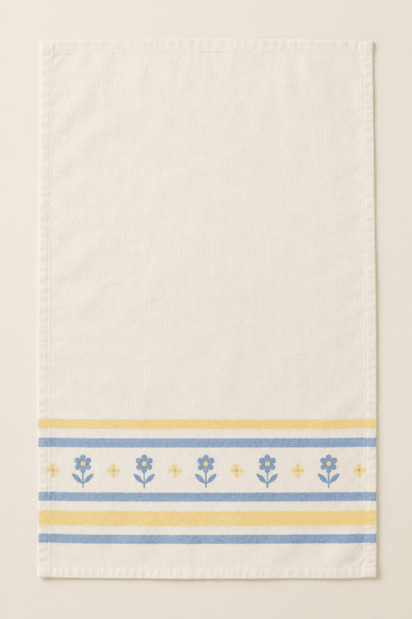 Butter & Blue Kitchen Towel in butter yellow, cornflower blue and ivory — design visualization