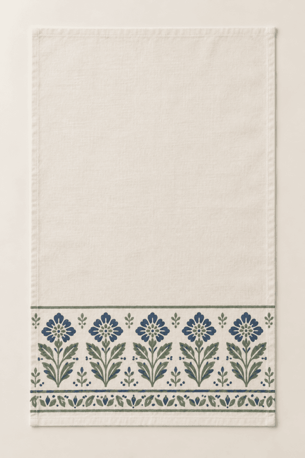 Garden Blockprint Kitchen Towel in ivory, indigo and sage — design visualization