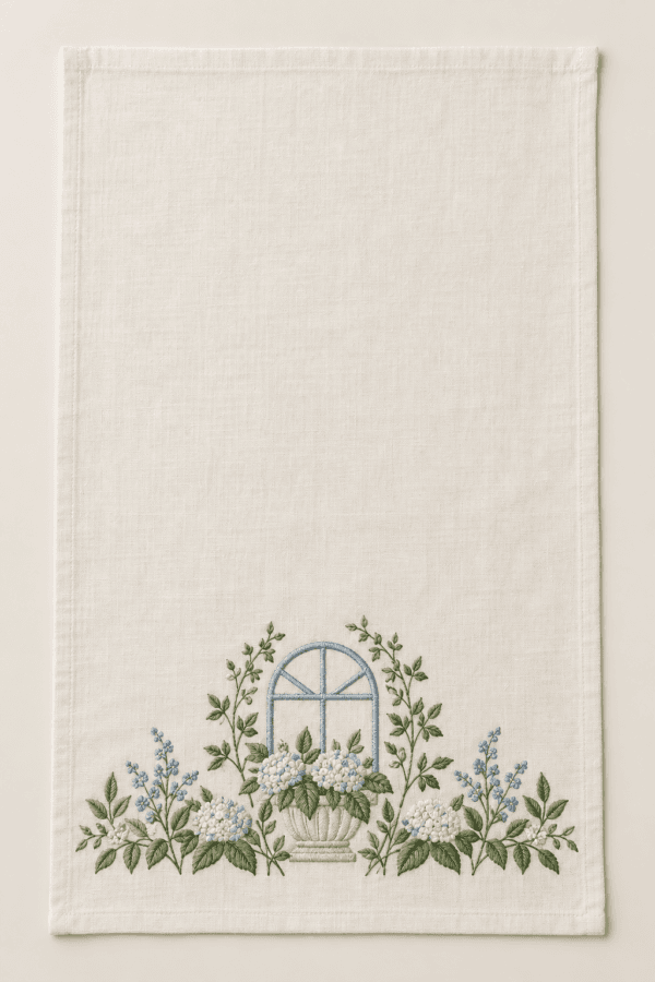 Botanical Window Kitchen Towel in ivory, green and soft blue — design visualization