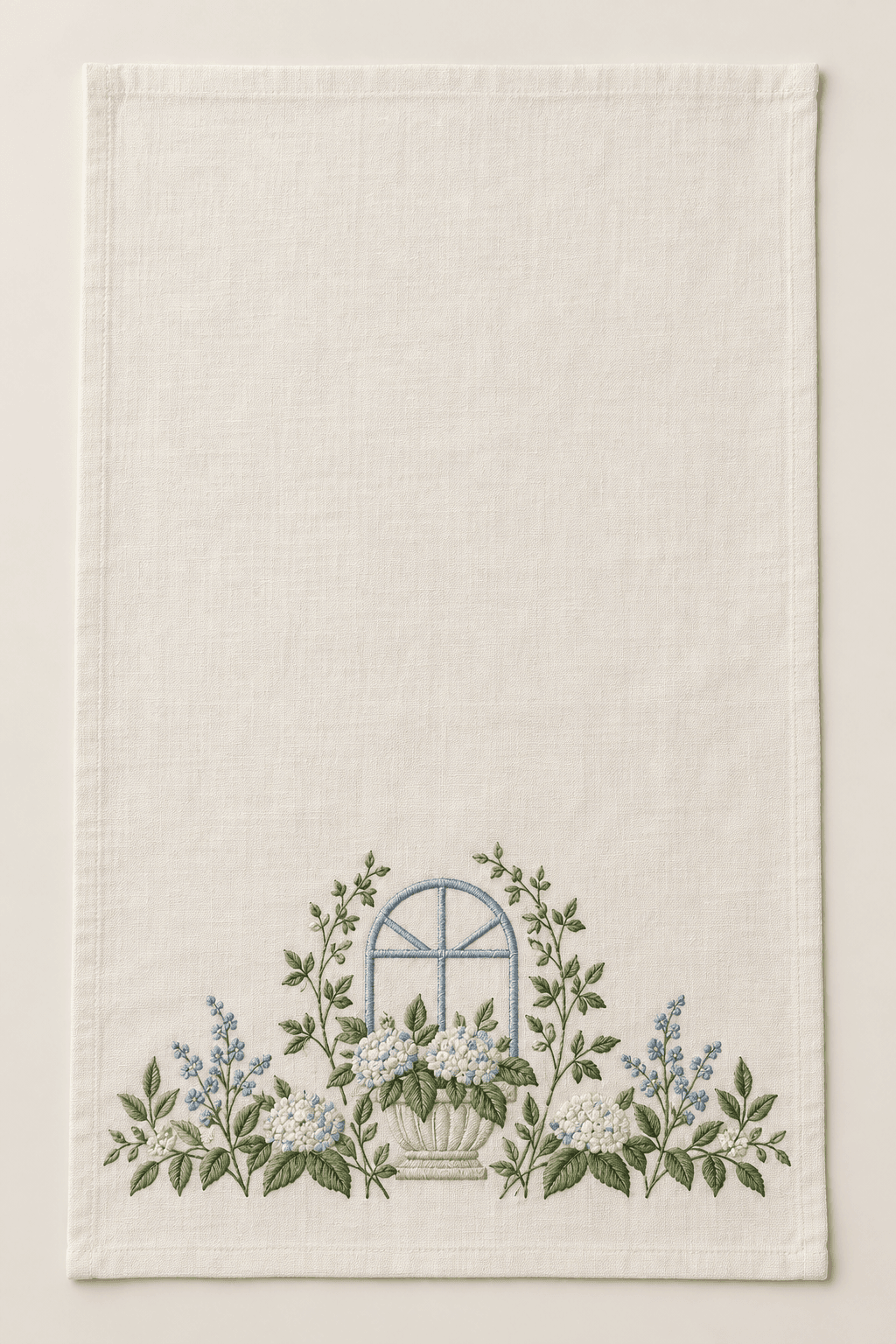 Botanical Window Kitchen Towel in ivory, green and soft blue — design visualization