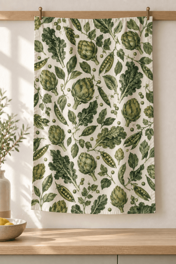 Kitchen Garden — Kitchen Towels in olive, bottle green, cream in a styled setting — design visualization