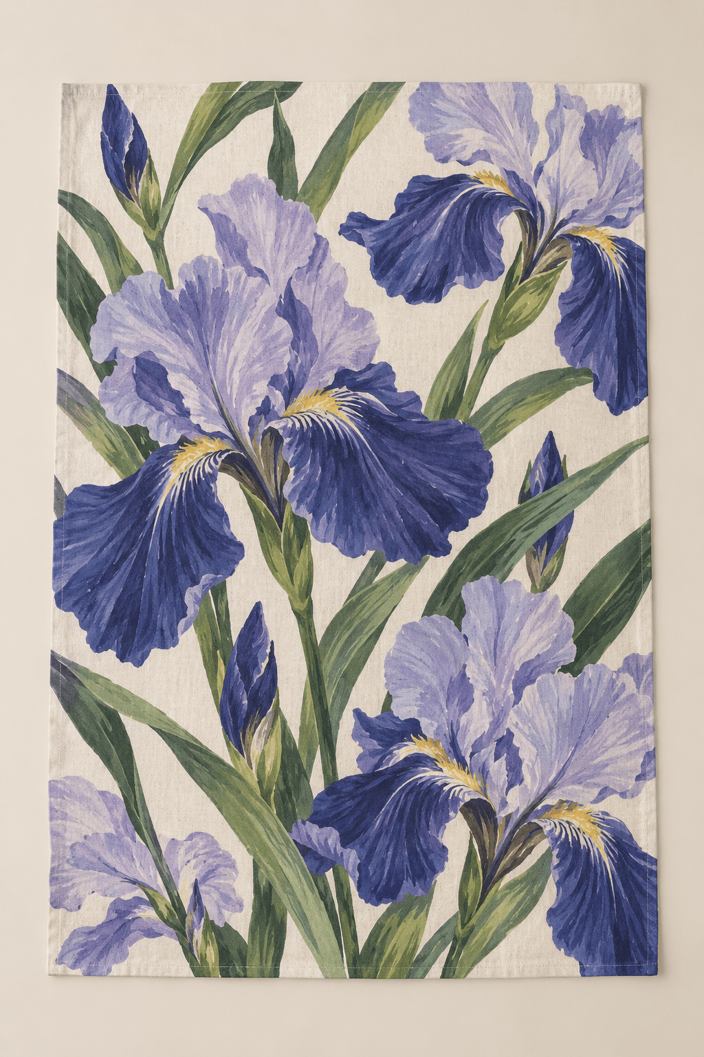 Wild Iris — Kitchen Towels in indigo, lilac, leaf green, cream — design visualization