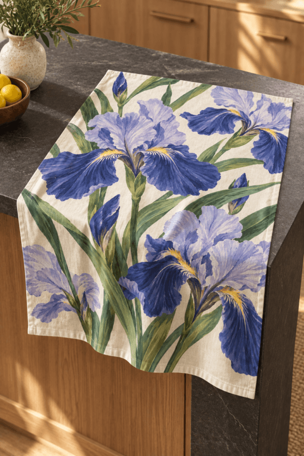 Wild Iris — Kitchen Towels in indigo, lilac, leaf green, cream in a styled setting — design visualization