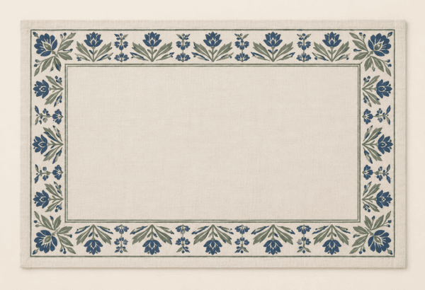 Garden Blockprint Placemat in ivory, indigo and sage — design visualization