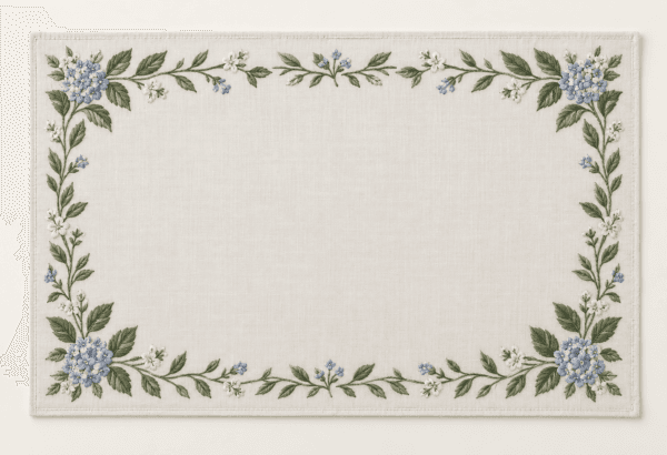 Botanical Window Placemat in ivory, green and soft blue — design visualization