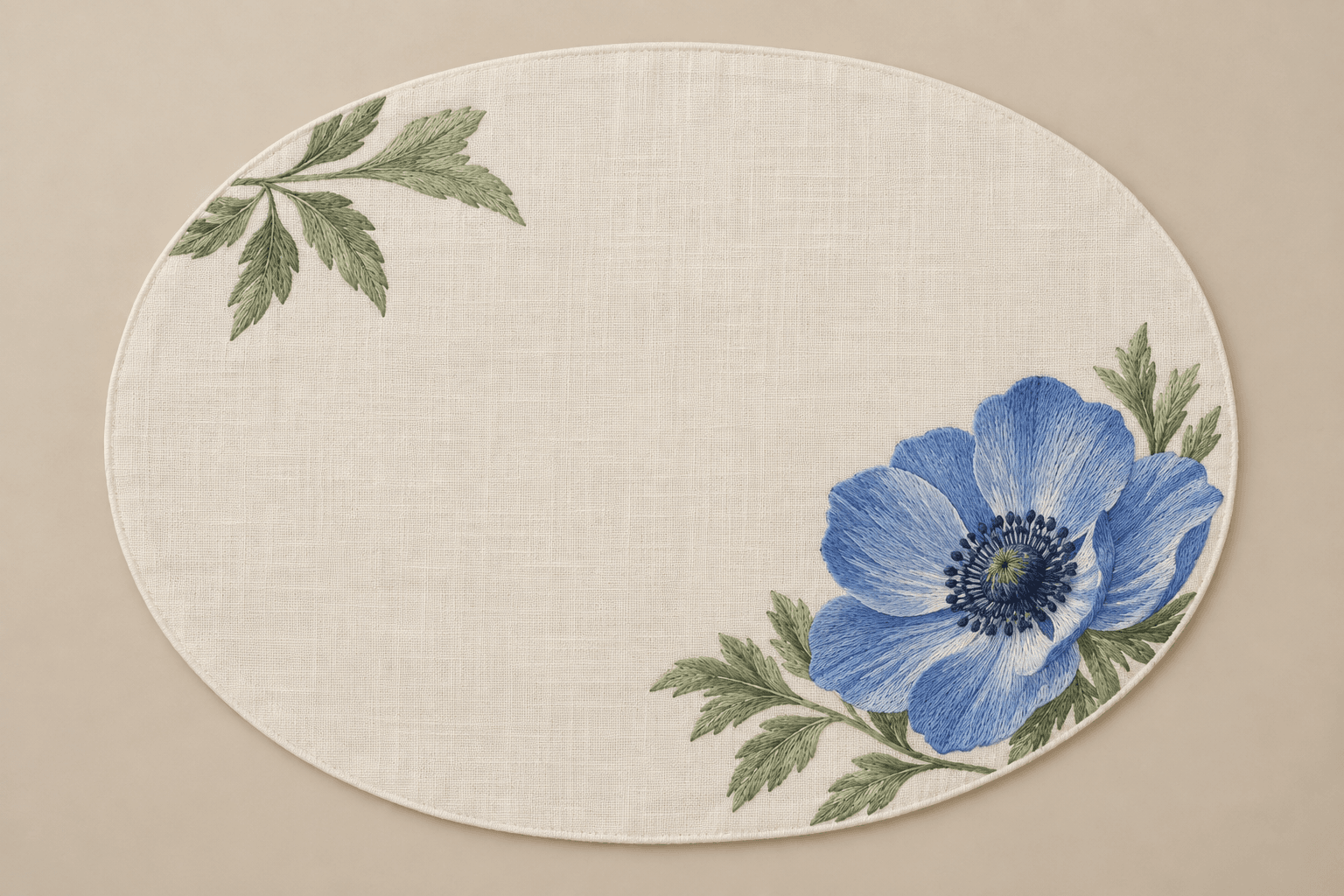 Anemone Corner — Placemats in cornflower blue, leaf green, ivory — design visualization
