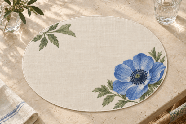 Anemone Corner — Placemats in cornflower blue, leaf green, ivory in a styled setting — design visualization