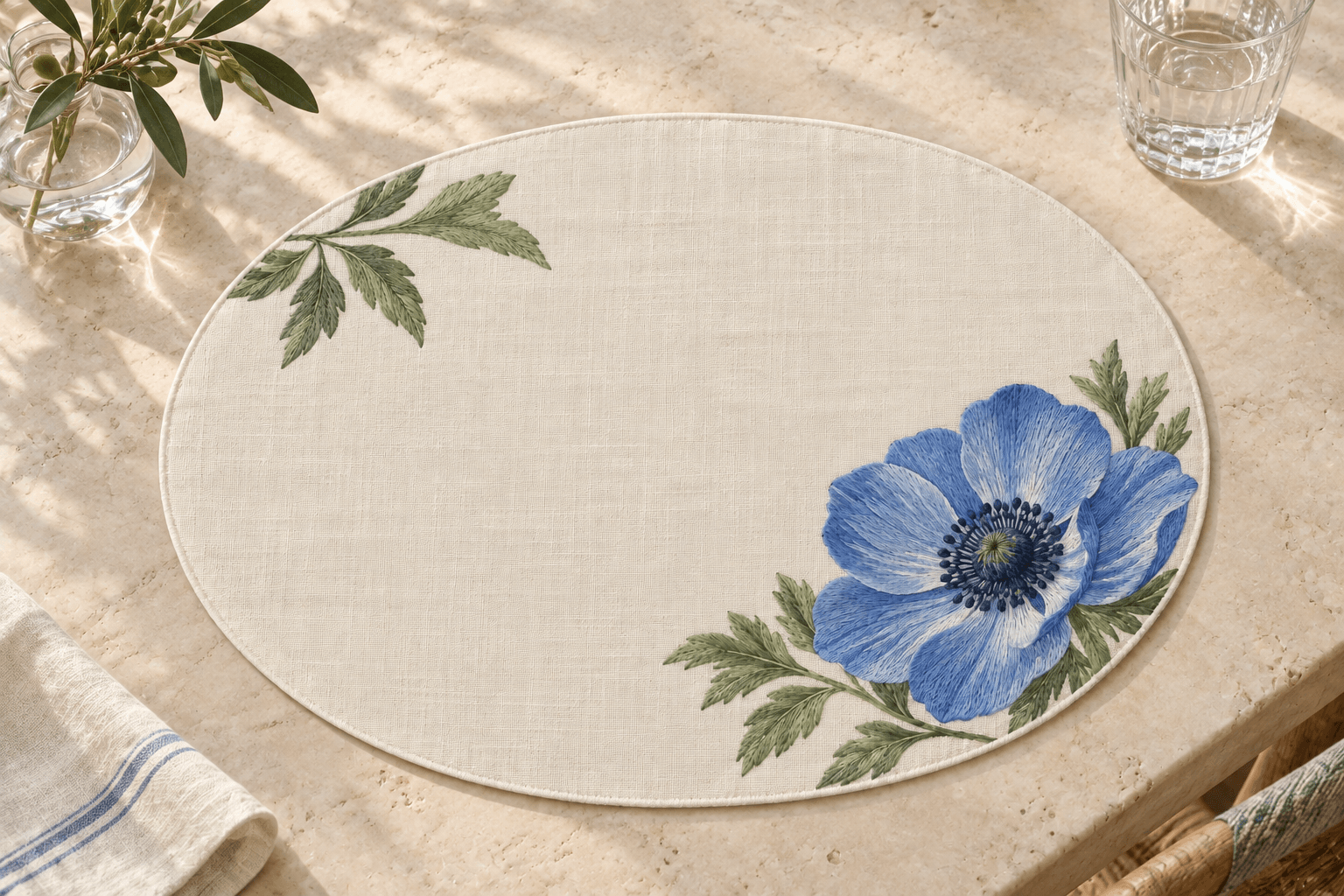 Anemone Corner — Placemats in cornflower blue, leaf green, ivory in a styled setting — design visualization