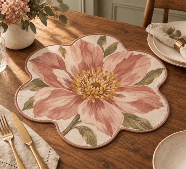Petal Place — Placemats in dusty rose, ochre, cream in a styled setting — design visualization