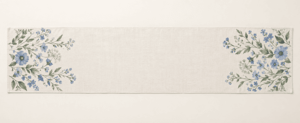 Blue Garden Table Runner in ivory, cornflower blue and sage — design visualization